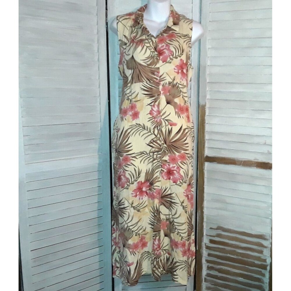Bahama Beach Floral Dress Size L Sleeveless Midi Maxi Pockets Hawaiian Resort